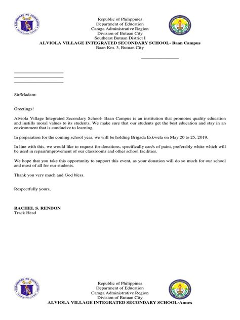 2020 Brigada Eskwela Sample Request Letter and Solicitation.